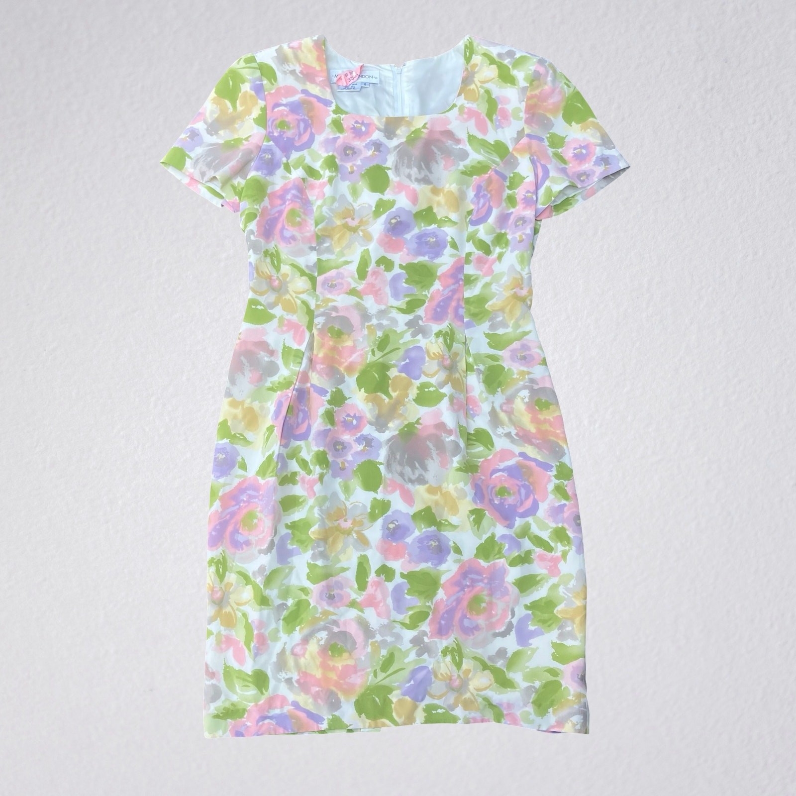 White, purple, green floral silk sheath dress, Maggy London size 8, cottagecore
