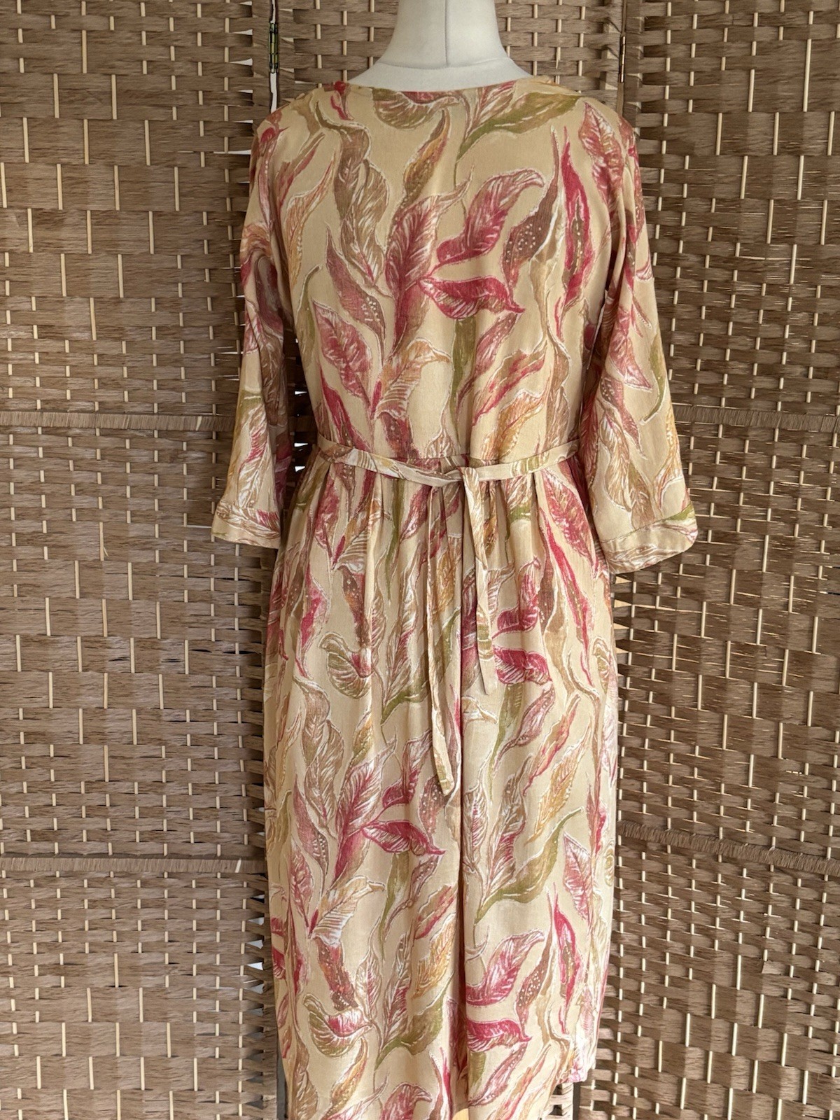 HOOH Pink Tan FOLIAGE Print BUTTON Tie Back NURSING Dress 12 14 L42” ARTY Zips