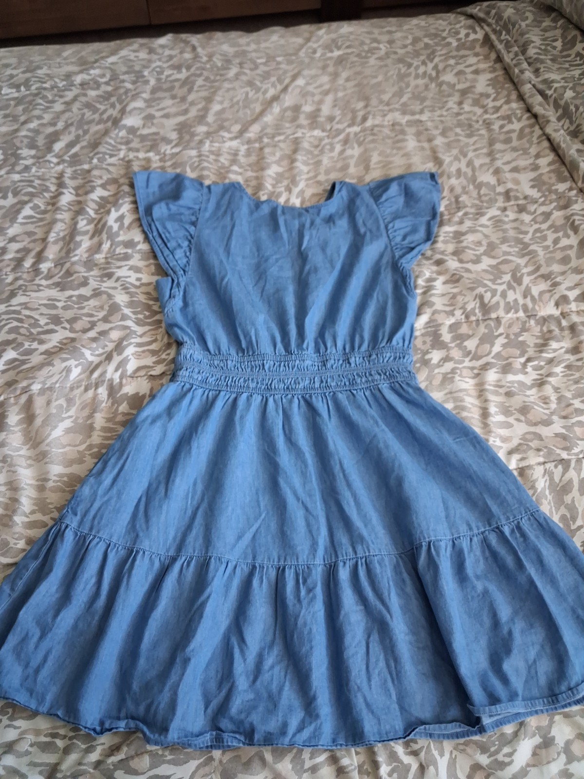 GAP Dress Womens L Petite Denim Chambray Mini Flare Tier Waist Tie Ruffle Vneck