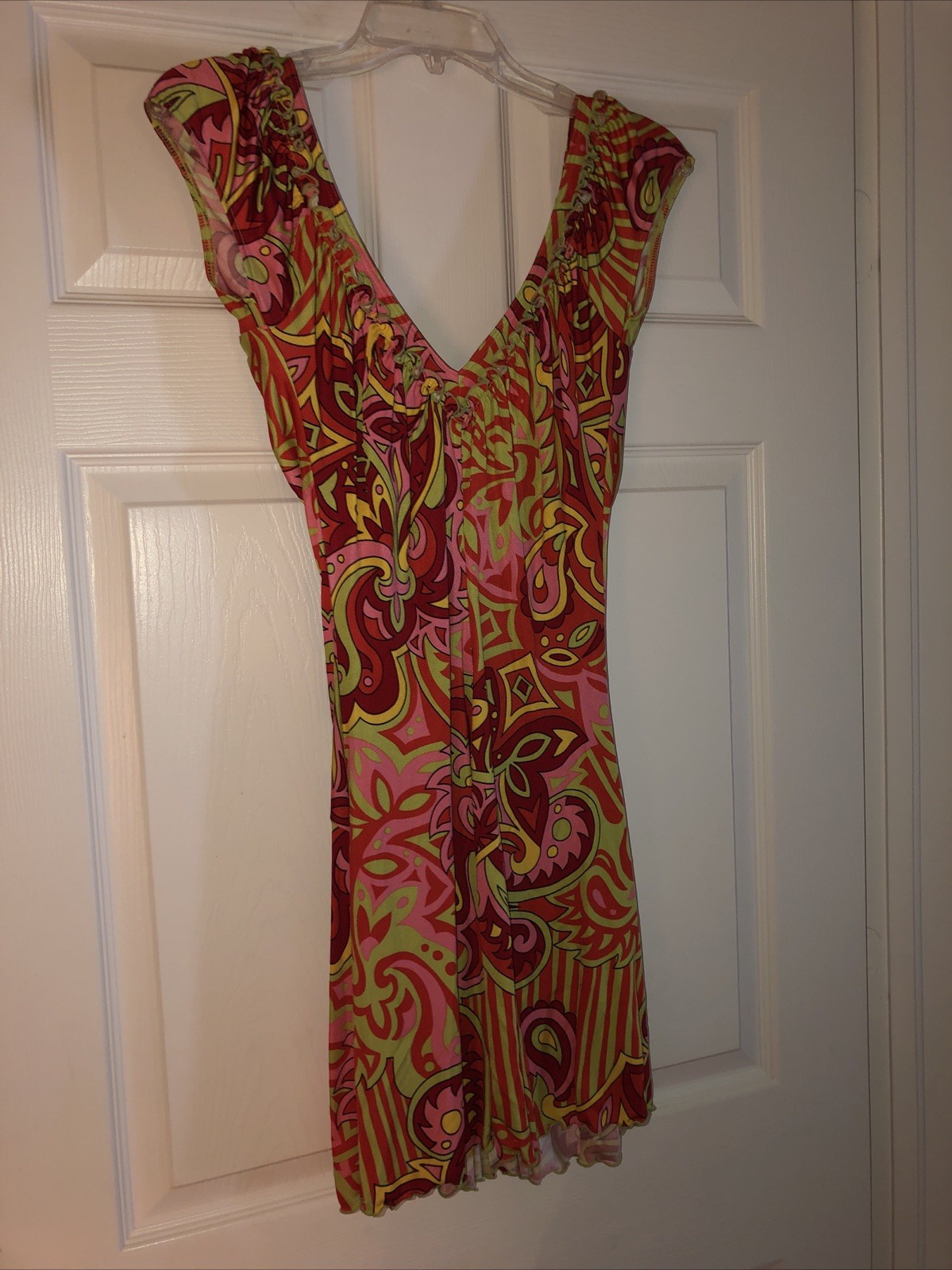 NWOT Moda International Psychedelic Multicolor Silky Jersey Lace Up Dress Sz XS
