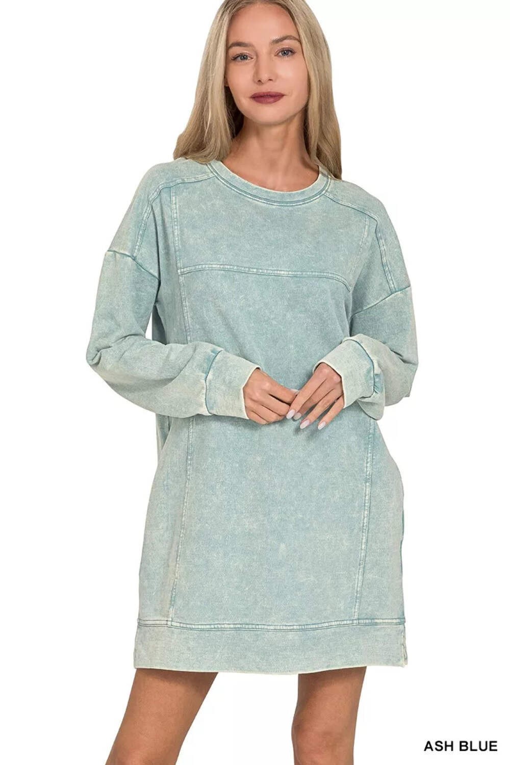 Zenana Women 100% Cotton Blue French Terry Acid Washed Pocket T-Shirt Dress