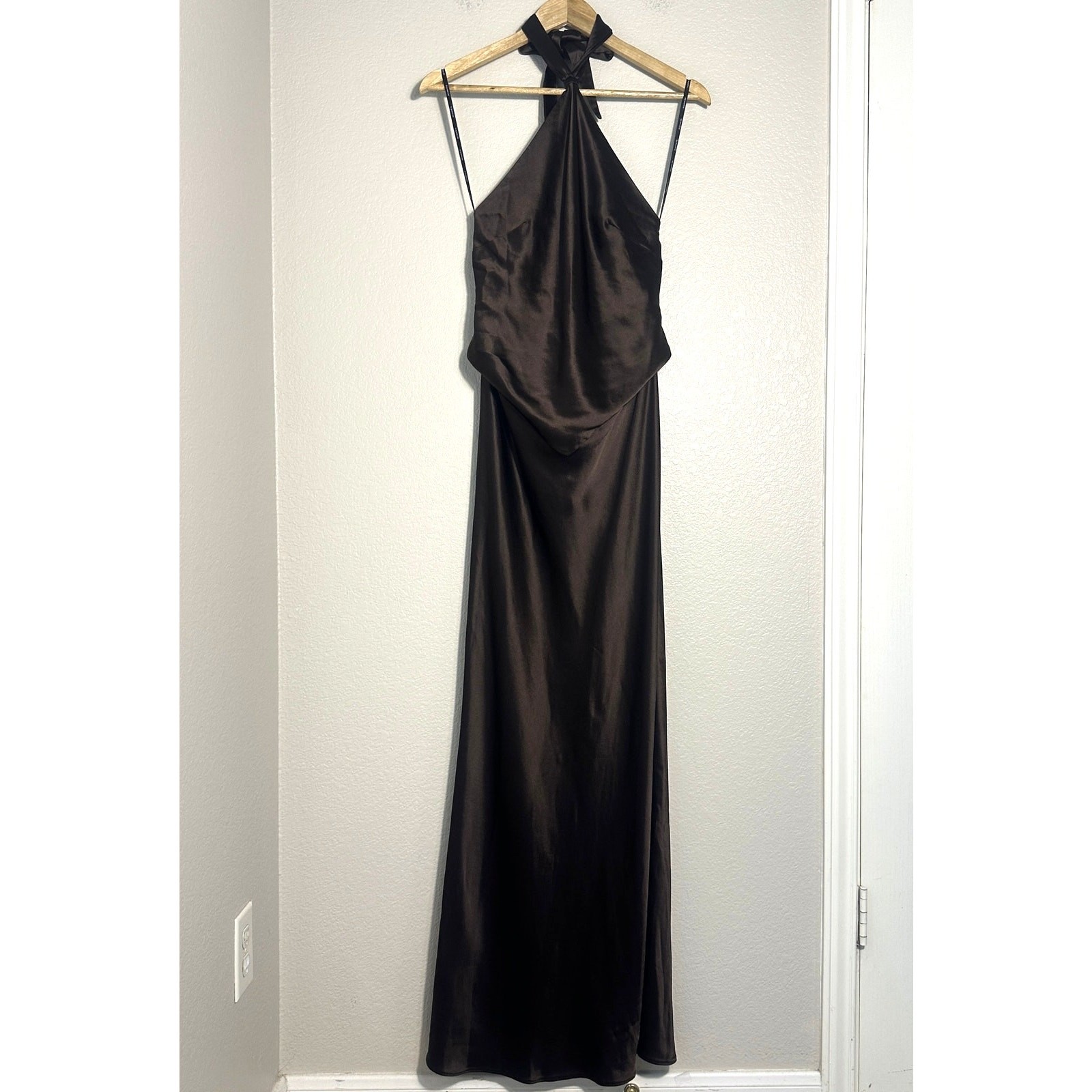 Retrofete Ester Brown Satin Tie Back Sheath Formal Dress, Prom Wedding Guest L