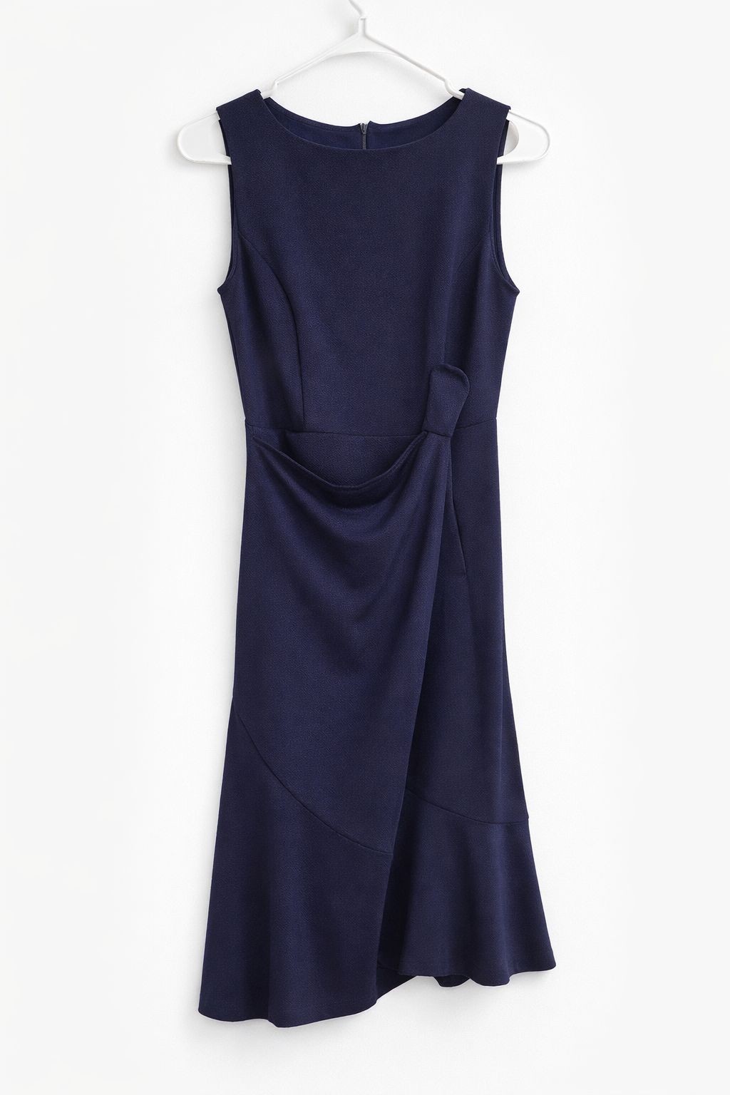 Elegant Navy Blue Sleeveless Draped Wrap Midi Dress Side Slit Lined Size M