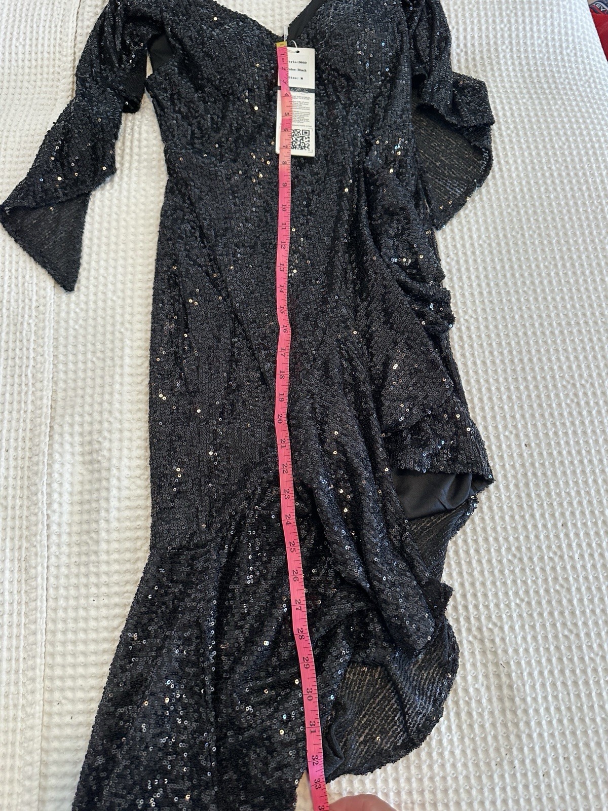 NEW Dalia Macphee All Over Sequin Asymmetrical Dress Black Cascade Size Medium
