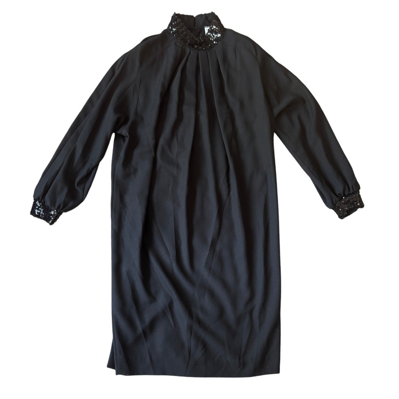 Vintage (Original Tags) | Black Sequin Collar Woven Crepe Dress | Size 18