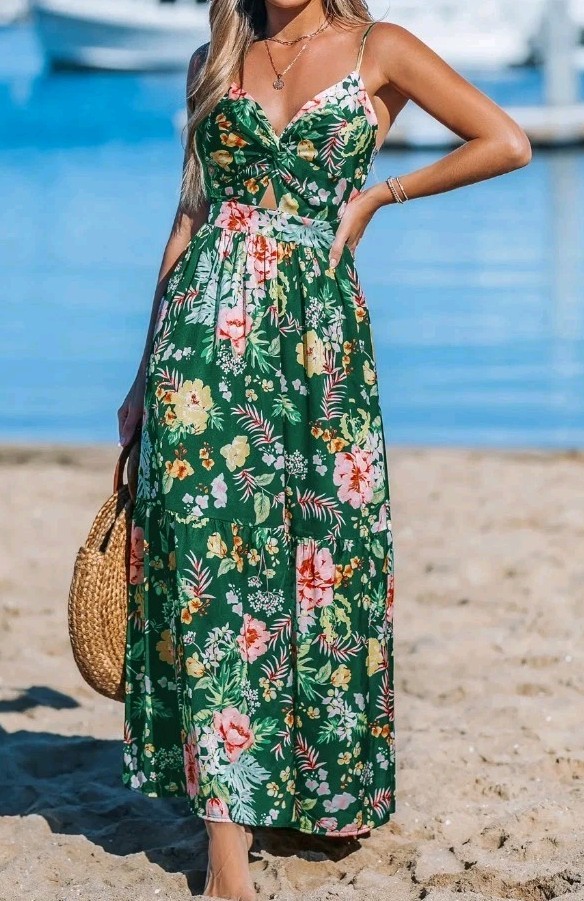NWT Cupshe Women’s Long Green Floral Size Medium Back Tie Dress
