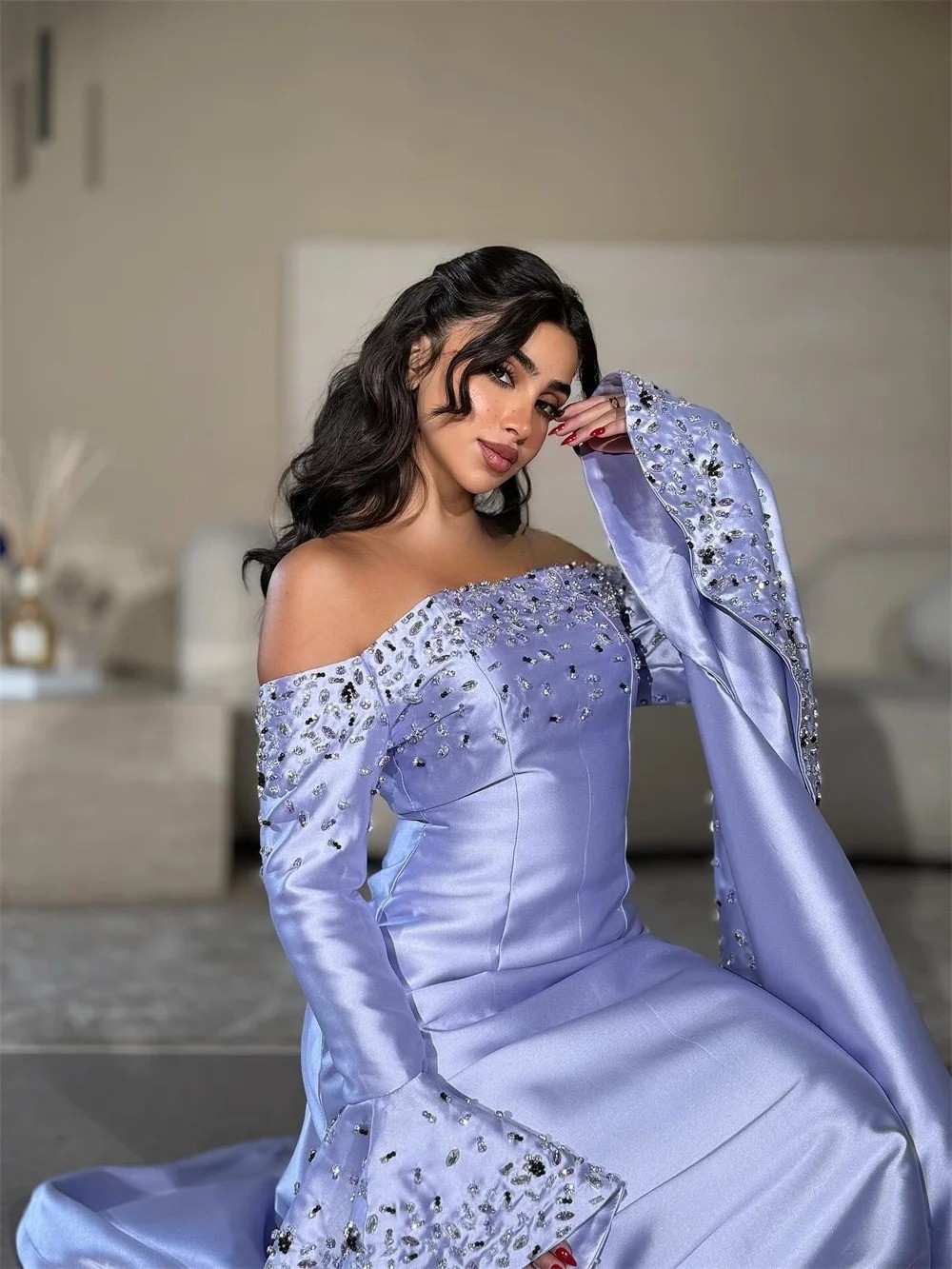 Matching Rhinestone Beading Sequined Straight Off-the-shoulder Long Dresses