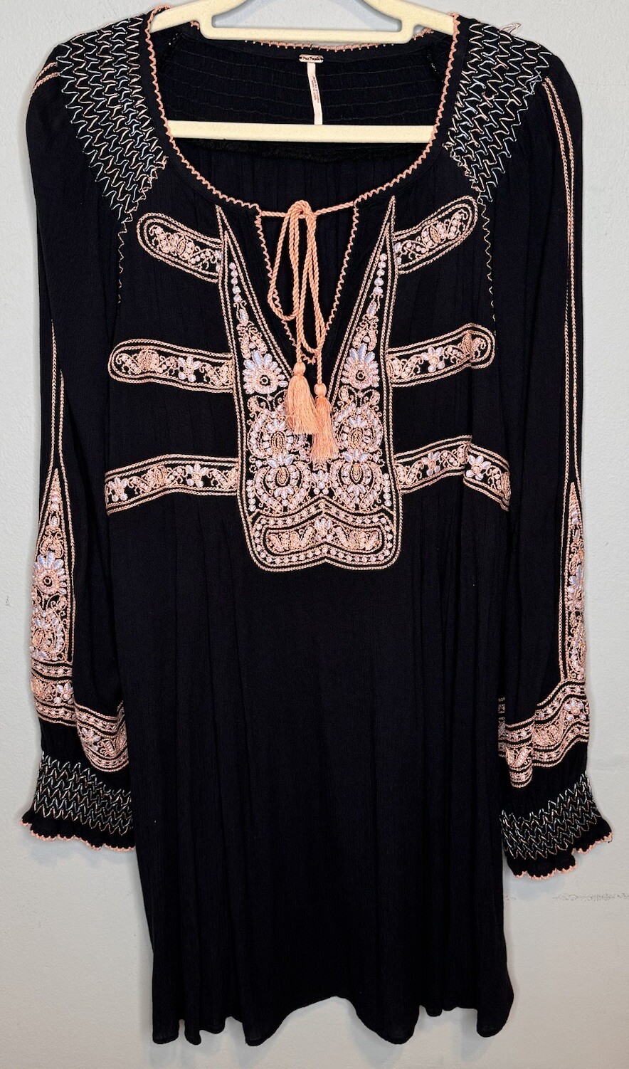 free people wind willow dress Small Black Embroidered Boho Long Sleeve Tassle