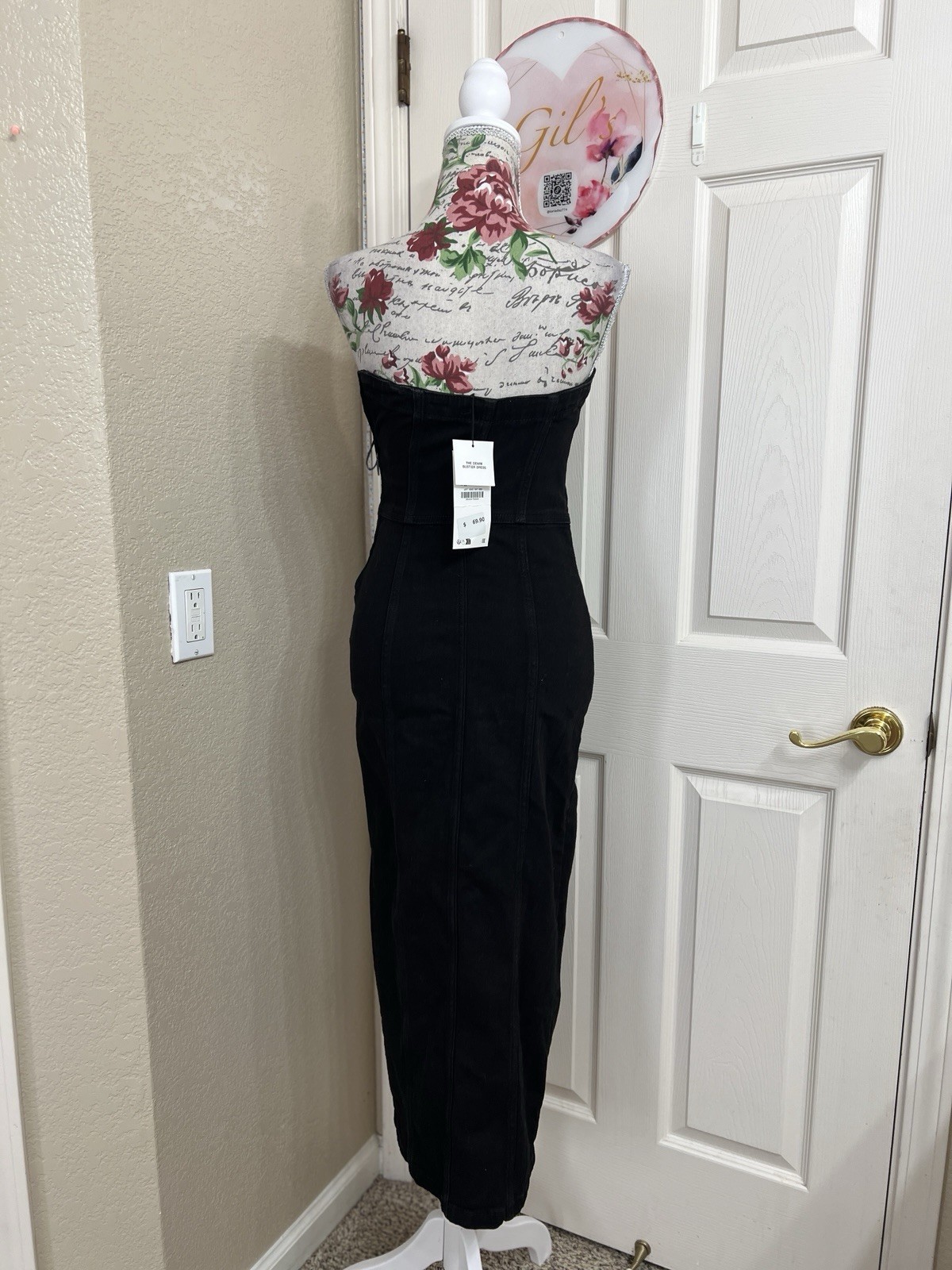 Zara Black Denim Strapless Button-Front Midi Dress with Slit Size S NWT