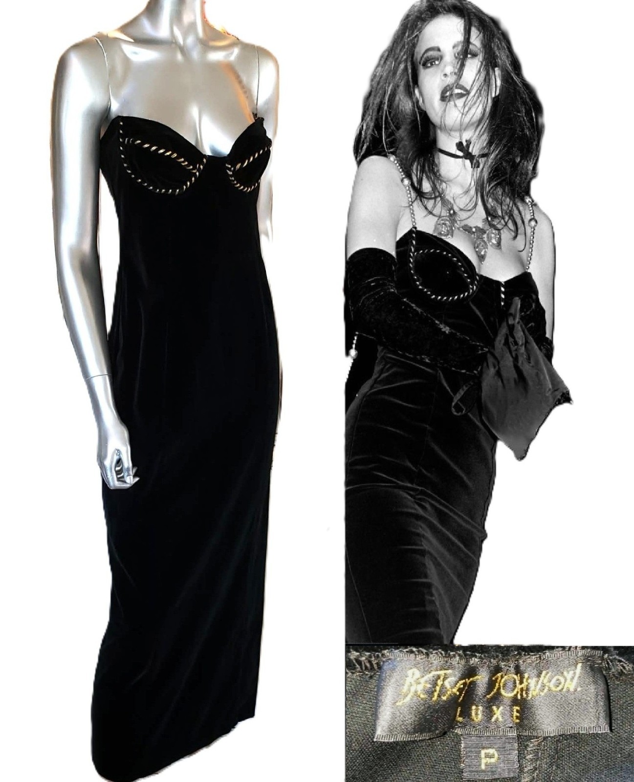 Betsey Johnson Vintage LUXE 90s RUNWAY Black Stretch Velvet Midi Slip Dress Sz S