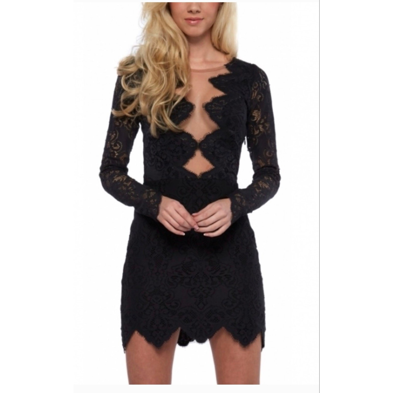For Love & Lemons GUC Black Lace Noir Mini Dress L Nude Mesh Cutout Long Sleeve