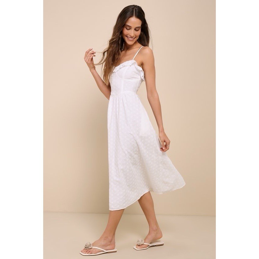 Lulus Lovely Weather White Eyelet Midi Dress L Bustier Embroidered Sundress NWT