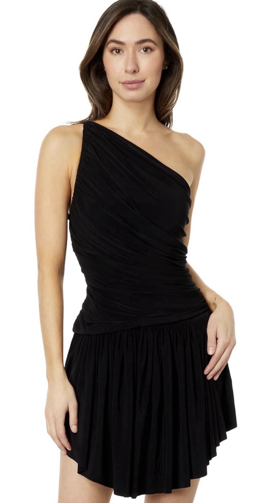 Norma Kamali Diana Uneven Flair One Shoulder Mini Dress Size XS Black MSRP $200