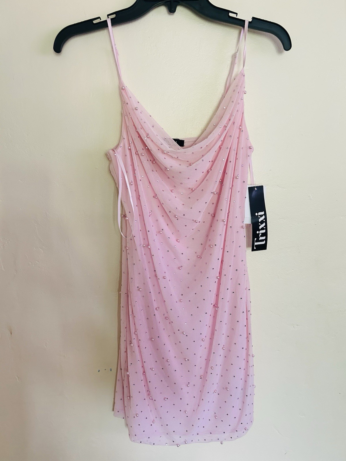 NWT Trixxi Women’s Pink Mesh Beaded Sequin Slip Dress Short Spaghetti Strap M