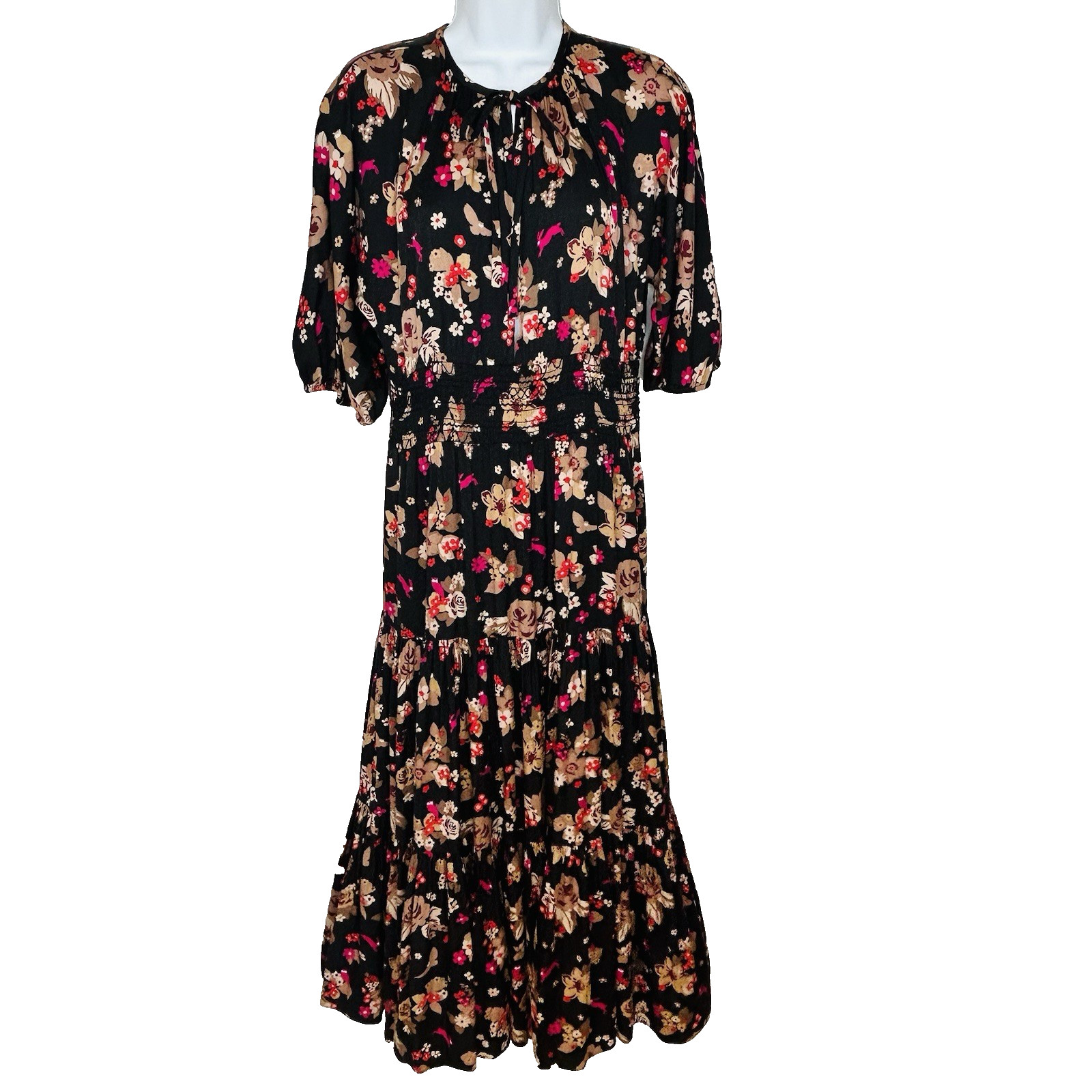 Kate Spade Floral Midi Dress S Black Multi Peasant Tiered Flowers Animals Flowy