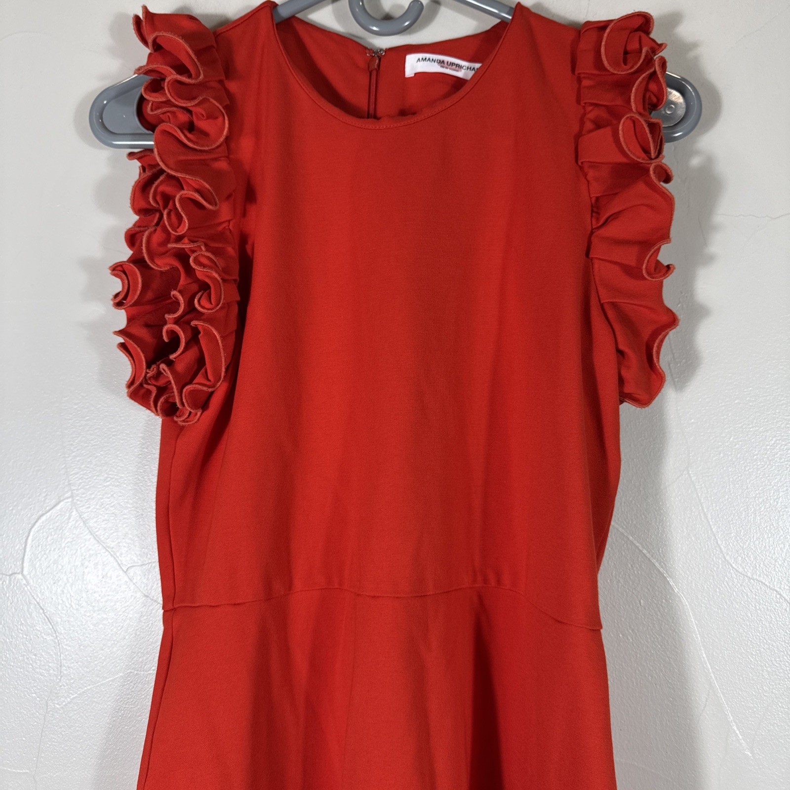 Amanda Uprichard Spandex Nylon Dress Tomato Red Medium Stretchy Ruffle Sleeves