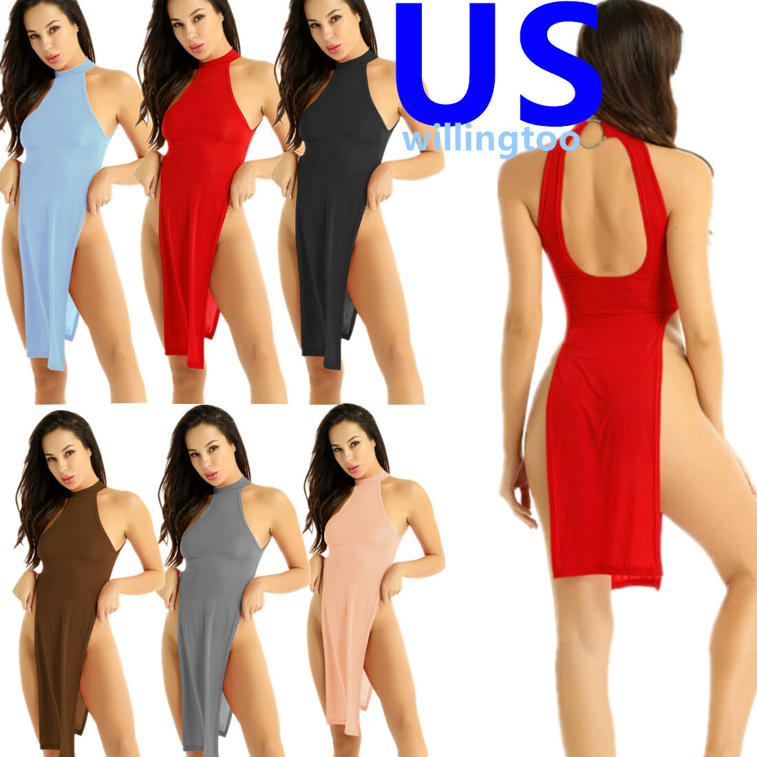 US Sexy Women Bodycon Dress Ultra Thin Lingerie High Slit Leg Cheongsam Clubwear