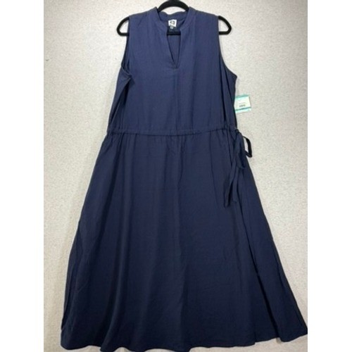 NWT Anne Klein Midi Dress Womens 16 Navy Blue Textured Split Neck