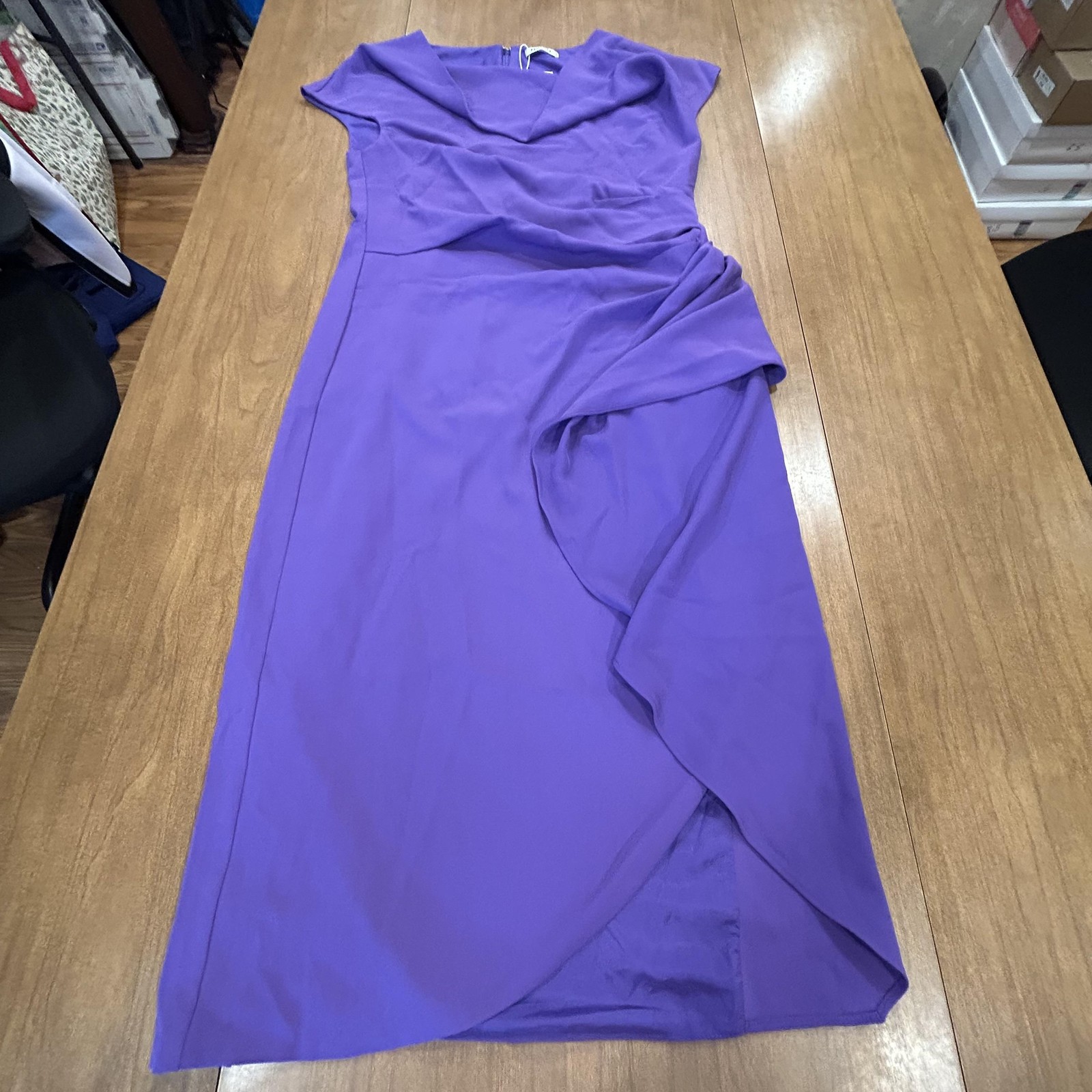 FEHAUTE Dress Womens 12 Purple Ruched Cowl Neck Sheath Long Ruffle Formal Gown