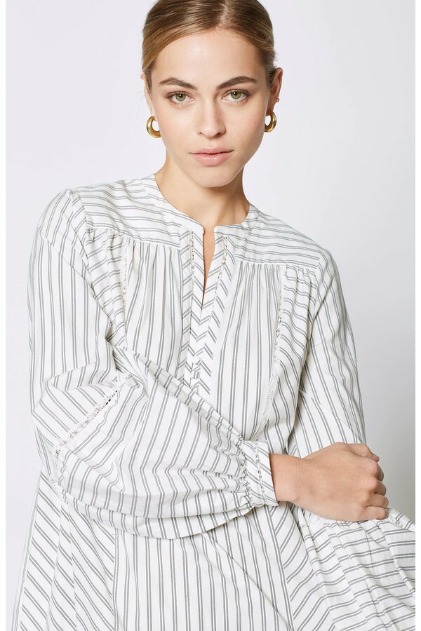 JOIE Porcelain White Stripe Lace Marison A-Line Ruffle Poplin Cotton Dress 8 = M