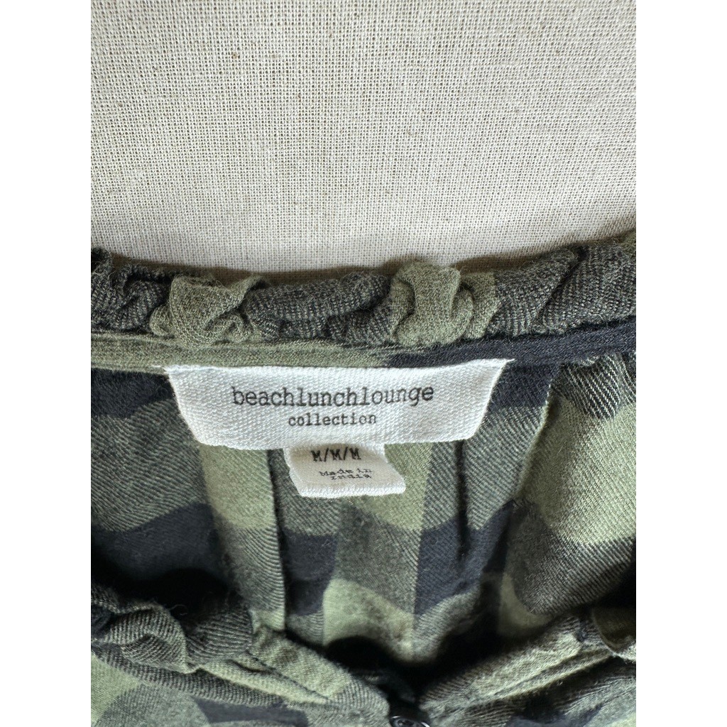 Beach Lunch Lounge Woven Peasant Mini Dress Boho Olive Black Plaids M Medium