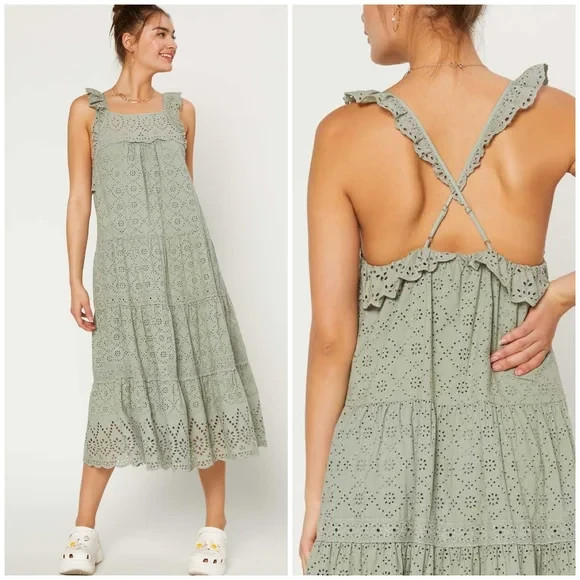 Current Air Sage Green Tiered Eyelet Midi Dress XS Bohemian Summer