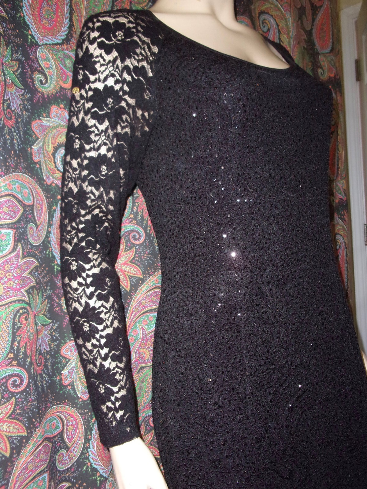 PICADILLY Black Knit Lace & Sparkle Elegant Fitted Dress Stunning Size S