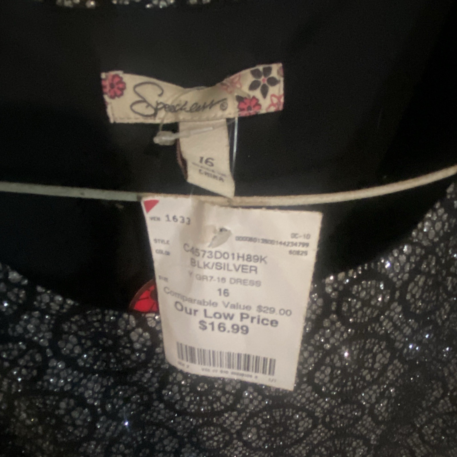 Speechless Juniors 16 Black/Silver Sequin Lace Fit & Flare V-Neck Short Dress