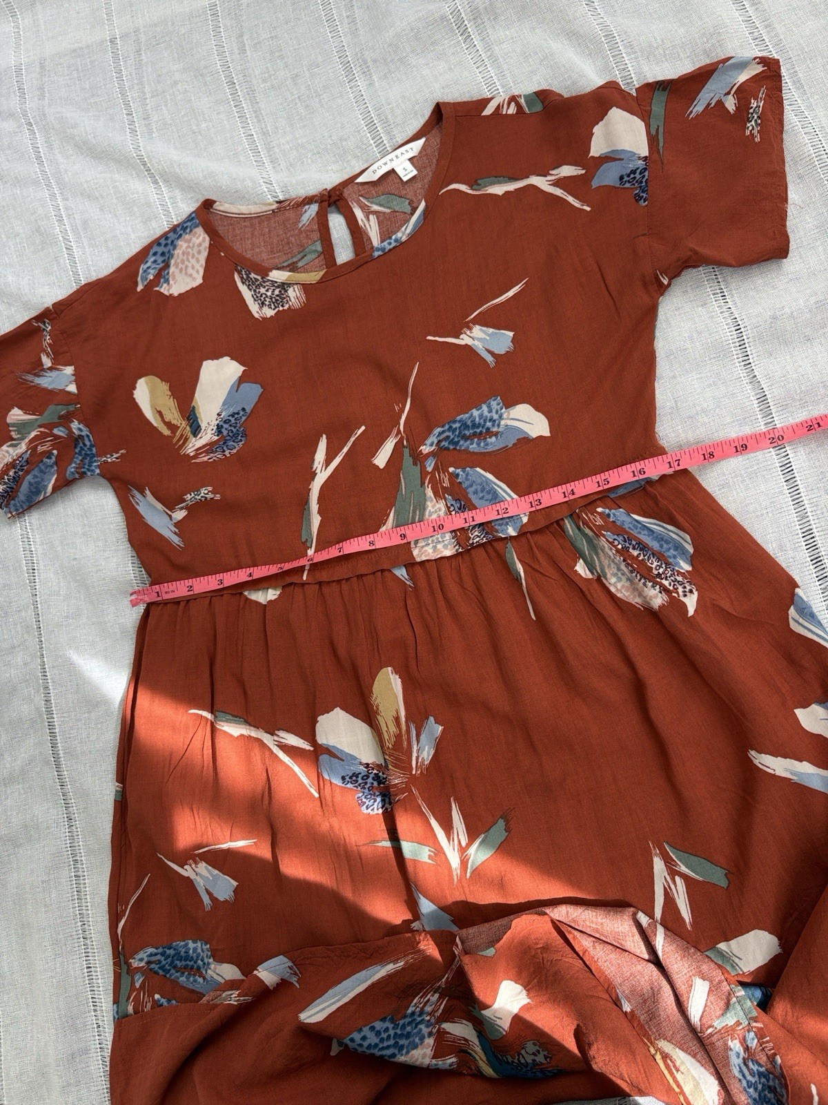 DownEast Rust Floral Midi Dress with Blue & Cream Accents