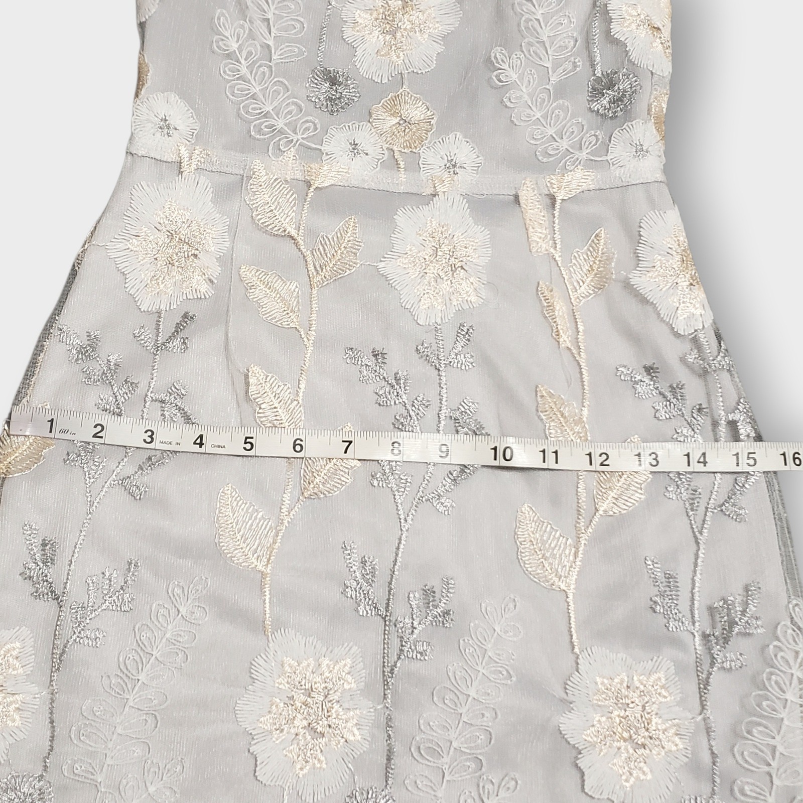 Lucy in the Sky Floral Embroidered Mesh Mini Dress Silver Grey Strappy Back S