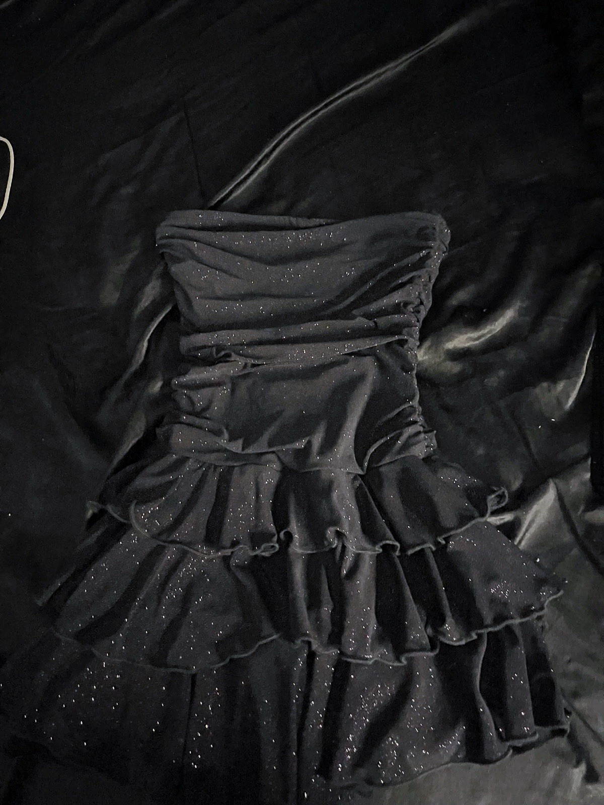 Black Strapless Ruffle Glitter Mini Party Dress