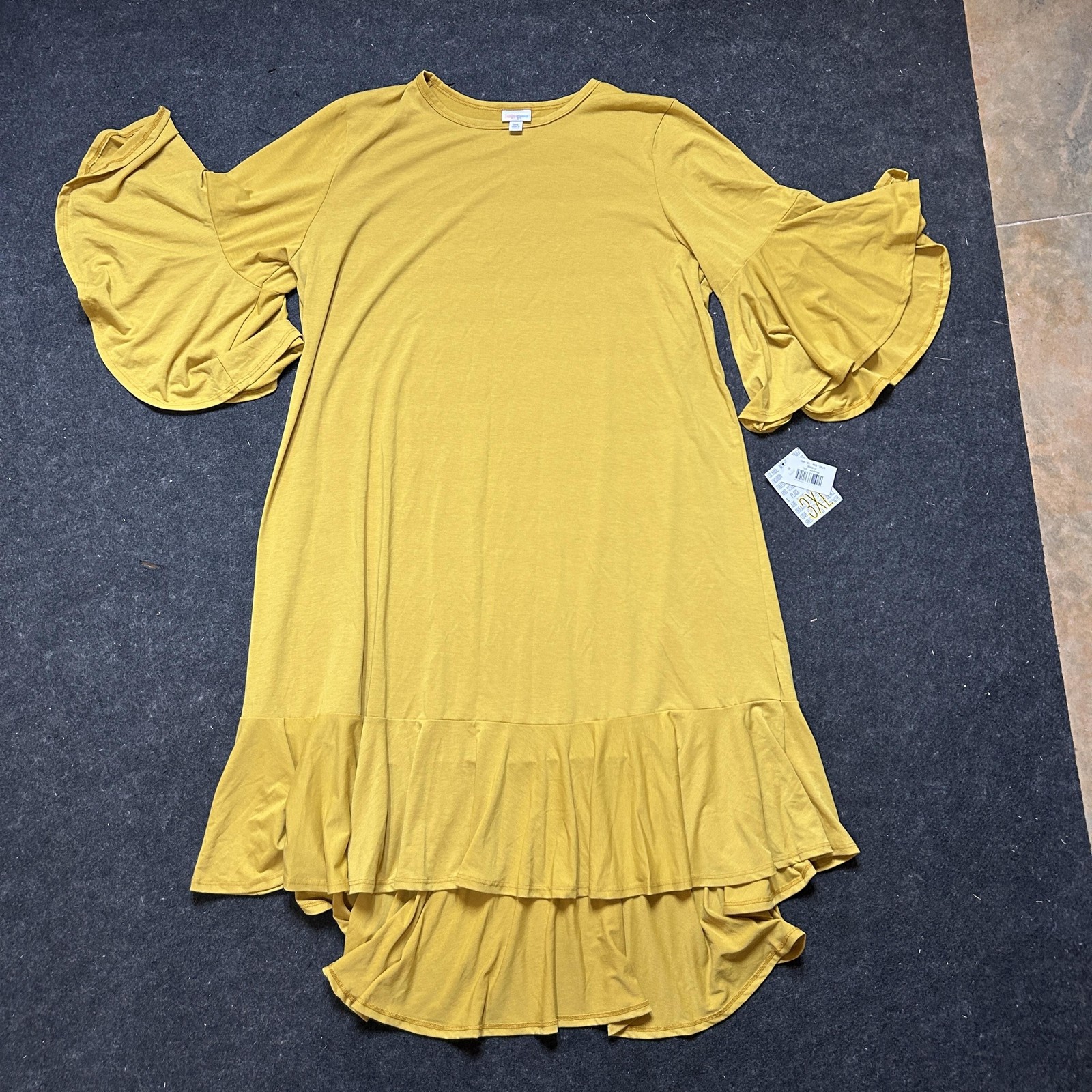 LuLaRoe Dress Women’s 3XL Maurine Ruffle Bell Sleeve High Low Hem Yellow Mustard