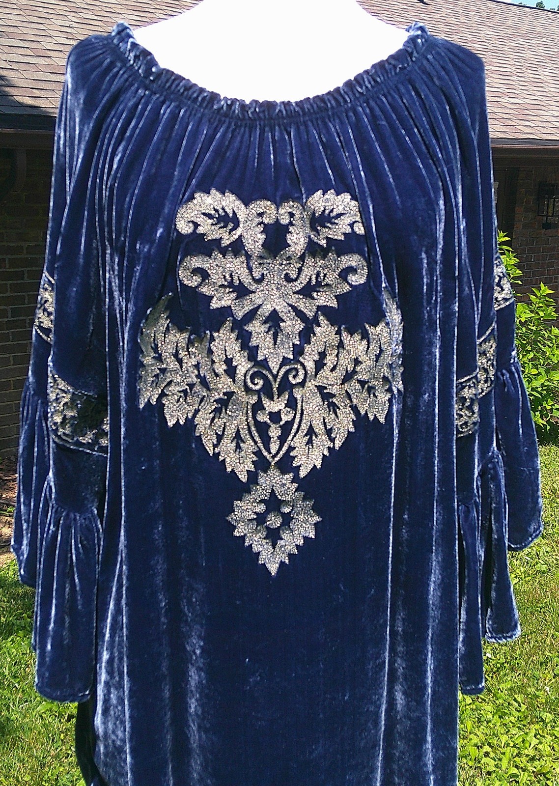 Tasha Polizzi Blue Velvet Hippie Cowgirl Mini Dress Tunic Off Shoulder M EUC