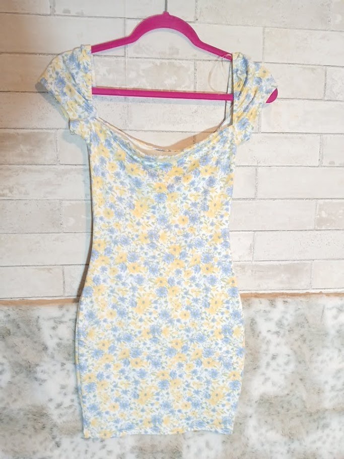 TRESSER bodycon off shoulder dress S Yellow Blue Flowers