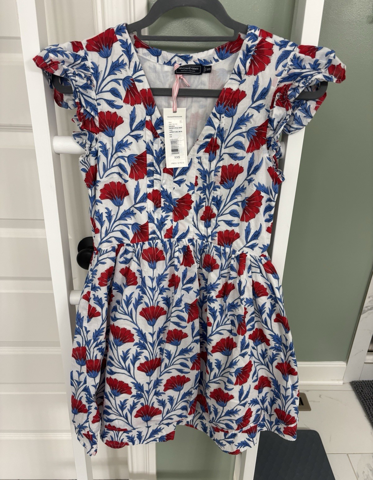 Vineyard Vines White Red Blue Floral V-Neck Ruffle Smocked Mini Dress XXS