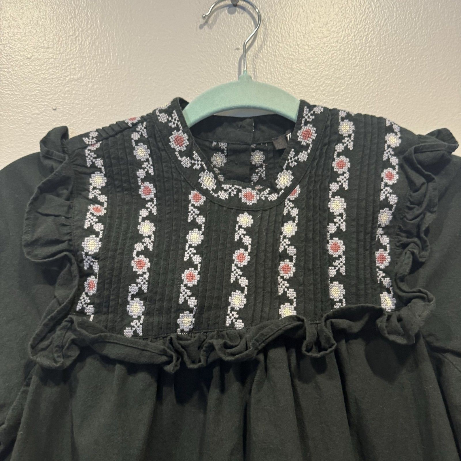 Madewell Embroidered Bib Ruffle Mini Dress Women XS Black Cotton Floral Cottage