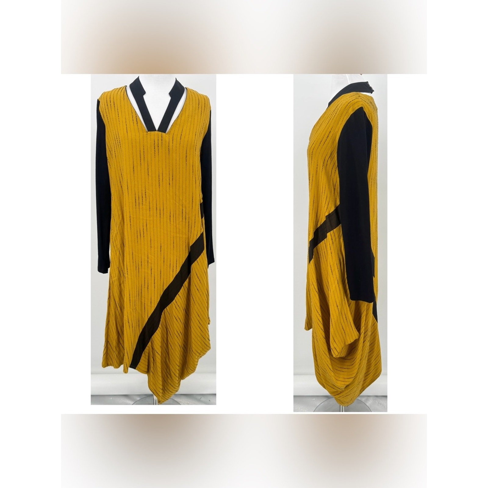 LUUKAA Lagenlook Asymmetrical Dress Size 10 Yellow Stripe Artsy Avant Garde NEW