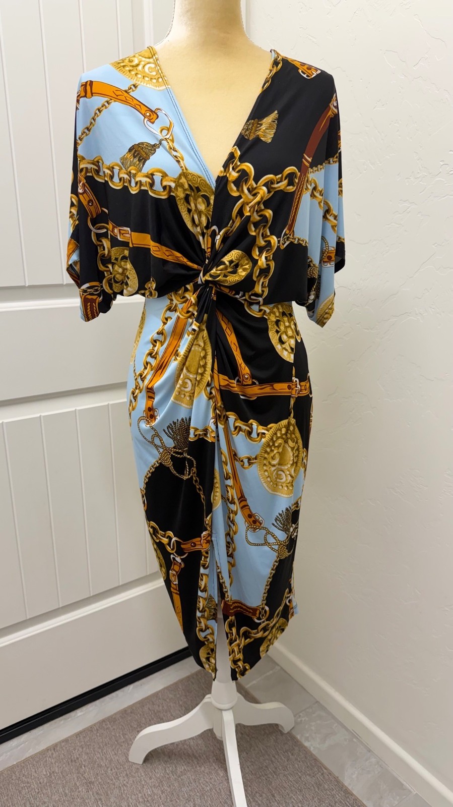 Lovely Day Chain Print Knot Front Midi Empire Dress Low Cut V-neck w/Slit Sz M