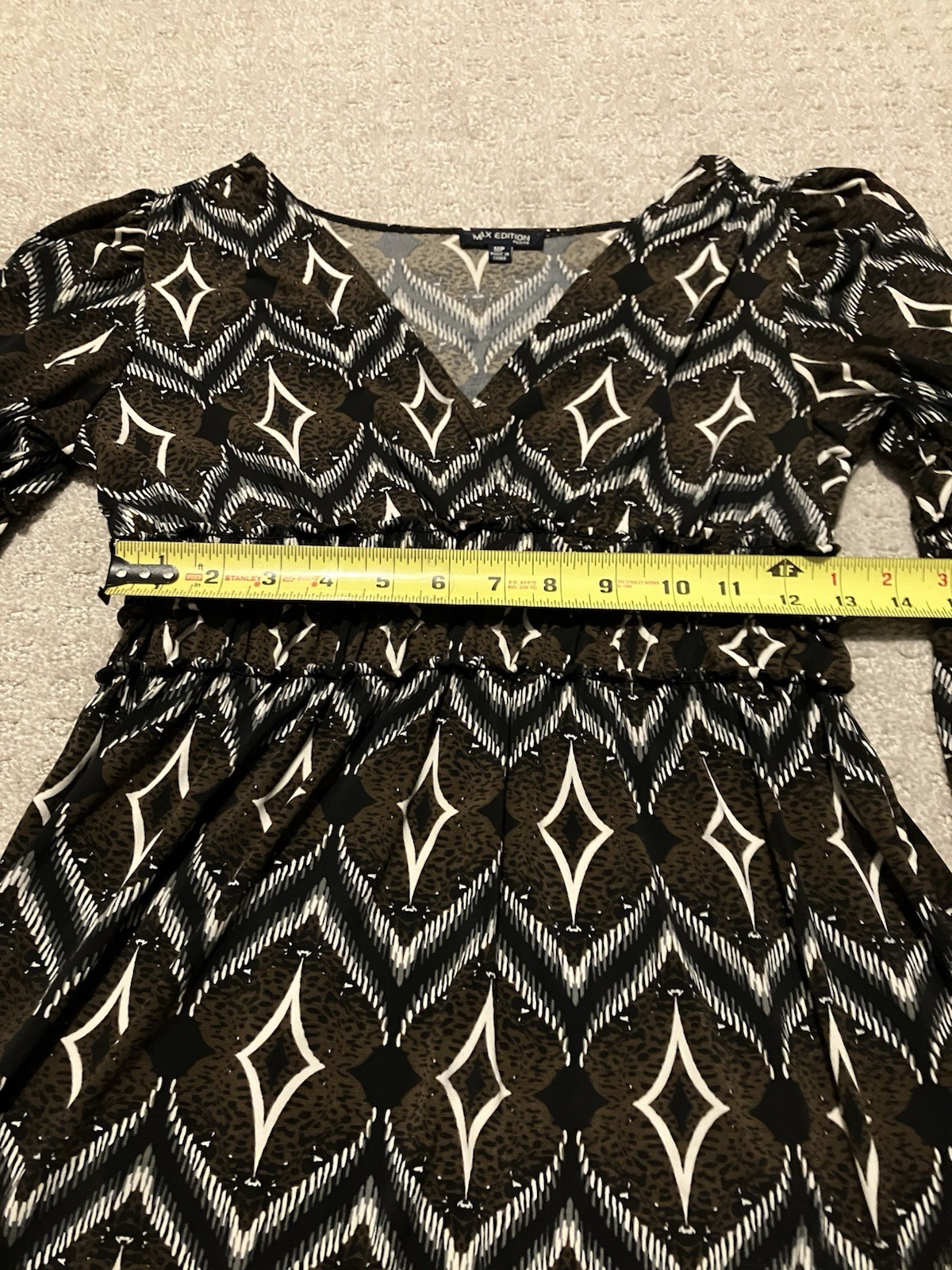 Max Edition Petite MP Brown Black Geometric Smocked Bell Sleeve Dress Midi