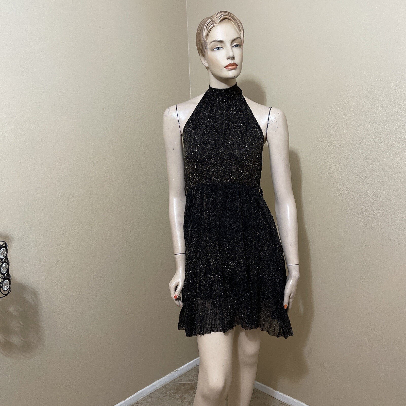 Women’s Black Polyester Cocktail Layered Pleated Open On Tie Midi Size S Dress