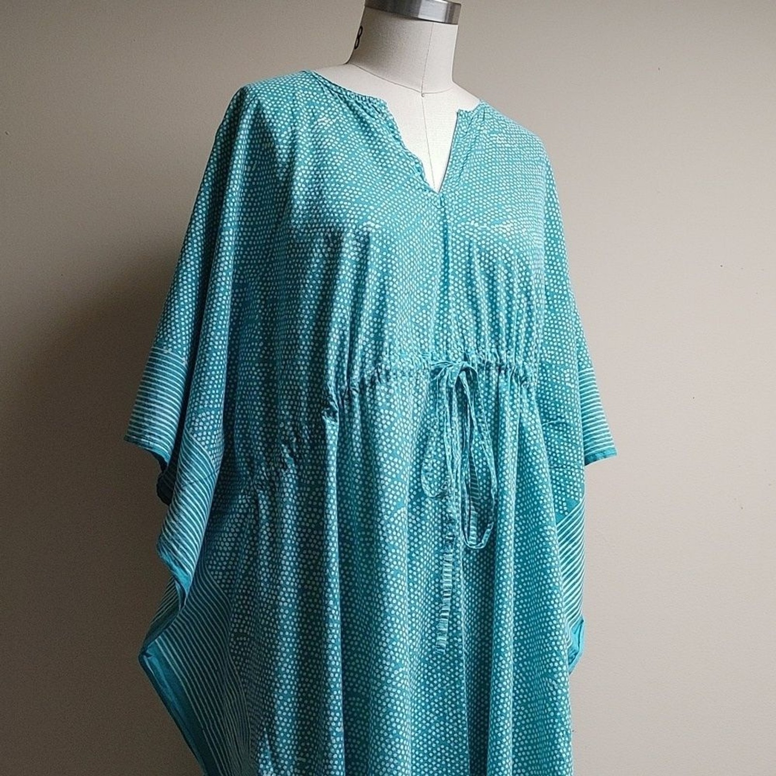 Anokhi Turquoise & White Cotton Caftan One Size Fits Most