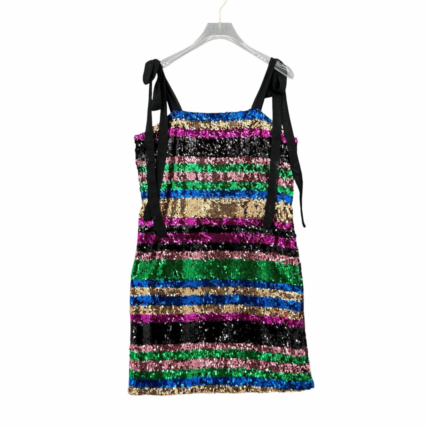 Lea & Viola M Black Multi Color Sequin Stripe Mini Sleeveless Ties Shift Dress