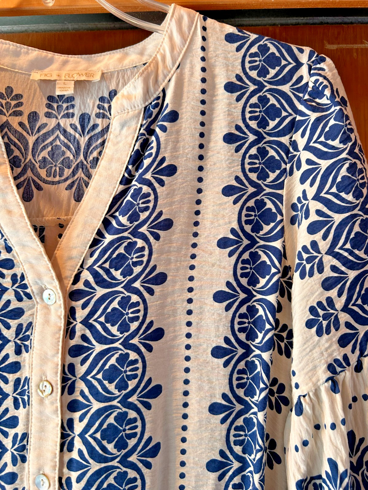 Fig & Flower Tropical Tiered Midi Dress Blue White Sz L Summer Coastal Vacation