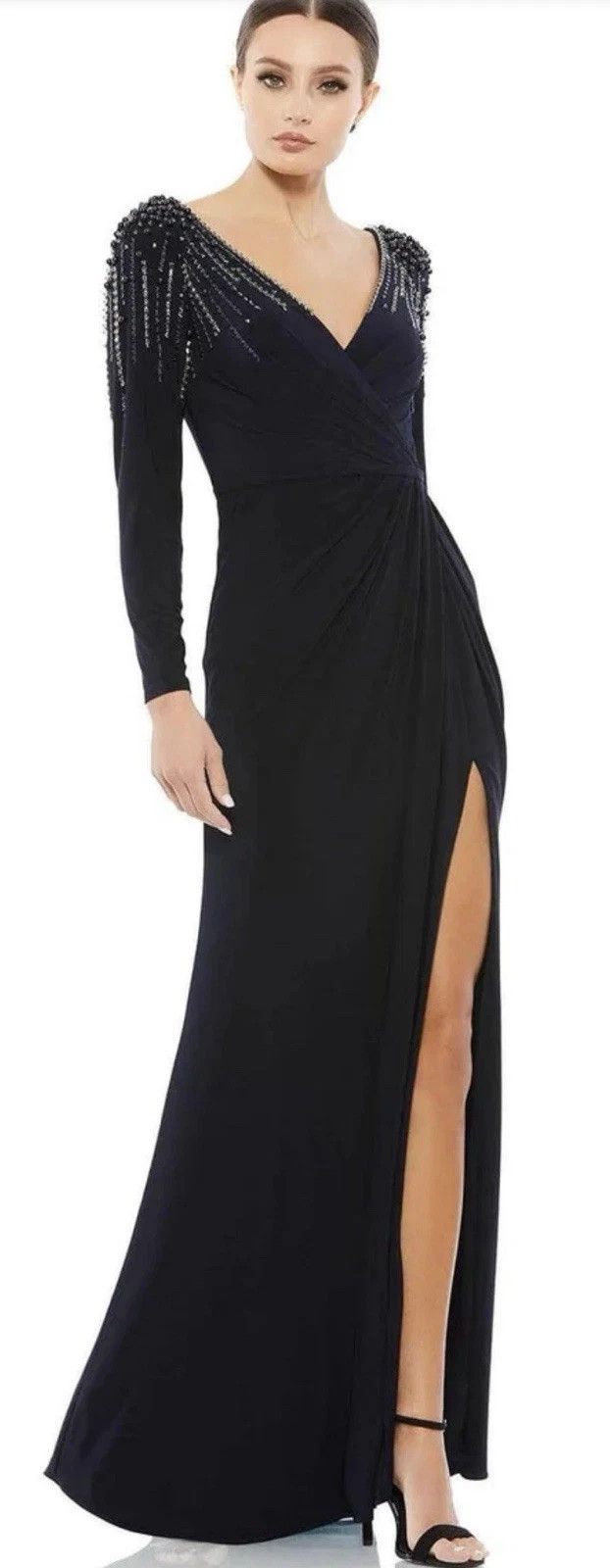 Mac Duggal 55715 Long Sleeve Faux Wrap Embellished Jersey Gown-Size 12