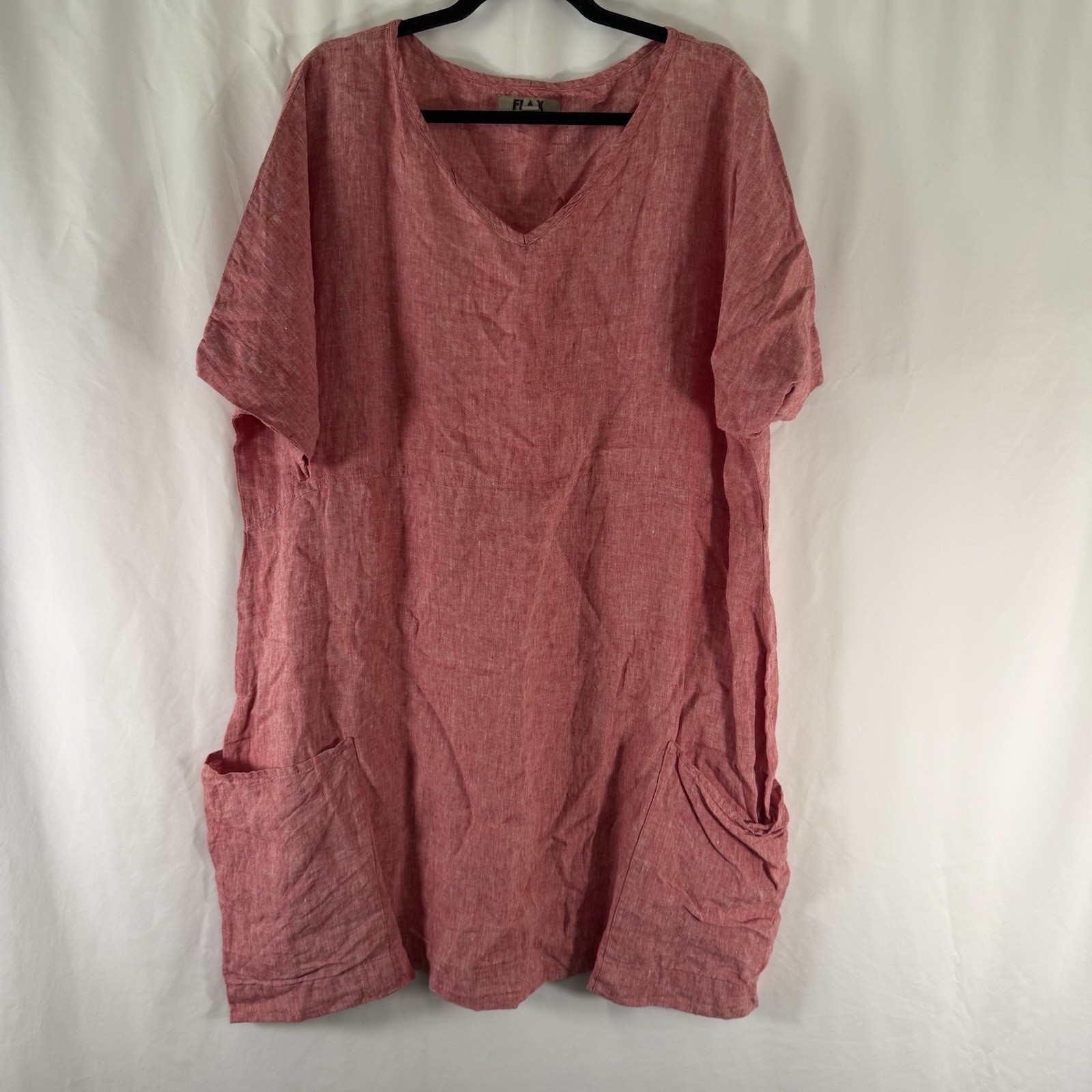 Flax 100% Linen Oversized Mini Dress Women’s Large Red Short Sleeve Pockets