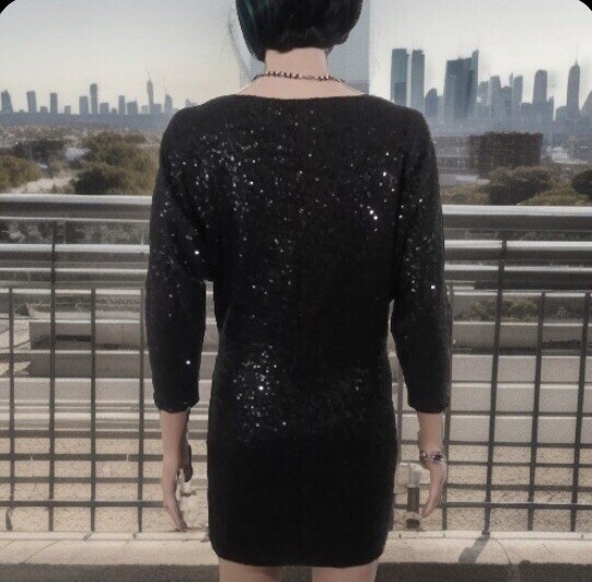 Black Sequin Dress (SIZE TAG MISSING) Bust 32in Length 30in Boat Neck 3/4 Sleeve