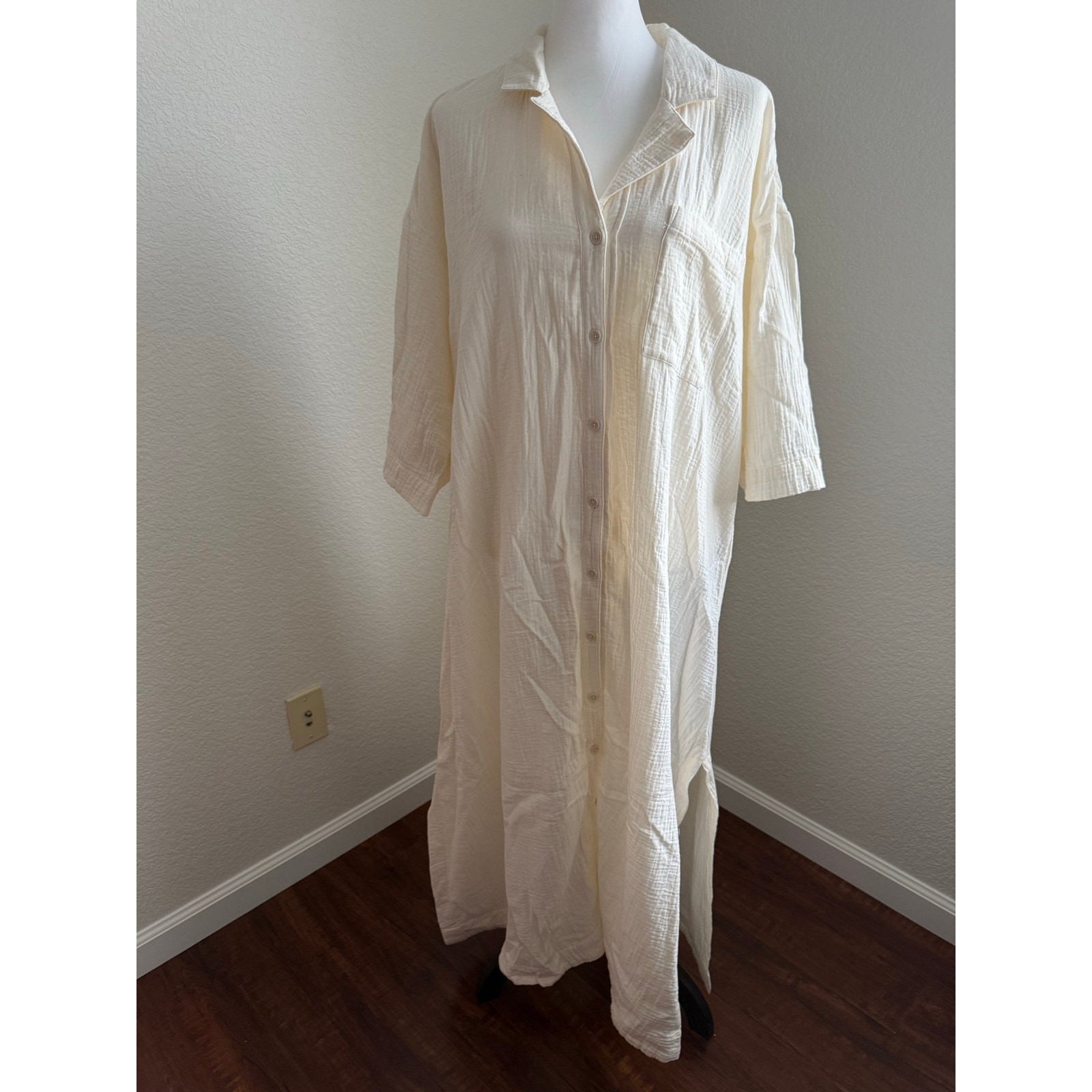 Madewell NWT Cotton Gauze Button Down Shirt Dress L Cream Side Slit Maxi Coverup