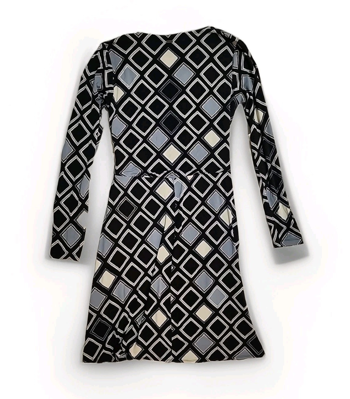 Hatley Faux Wrap Dress size Medium Geometric Print Navy Blue Stretch R1