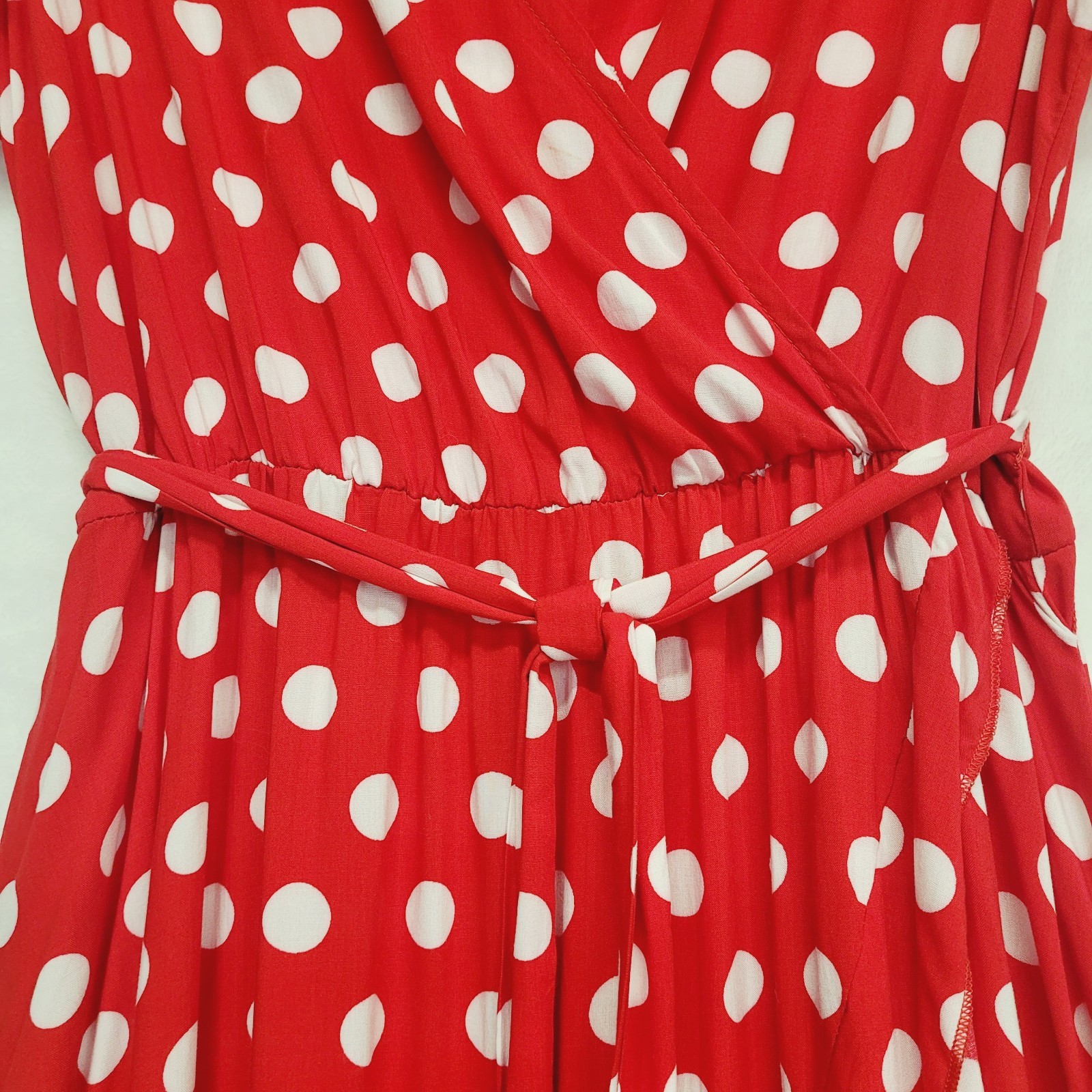 Red Polka Dot Faux Wrap Surplice Maxi Dress M Hi Low Ruffle Romantic Retro Femme