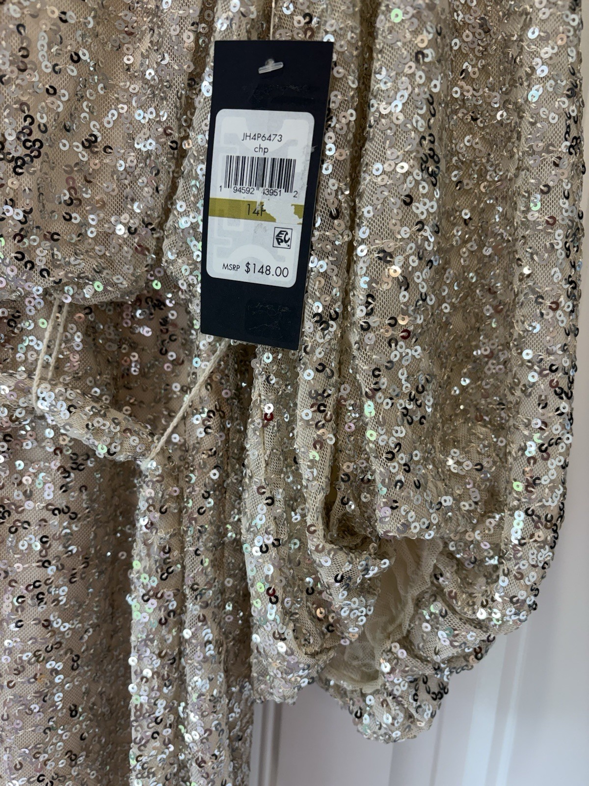 Jessica Howard Gold Sequin Sheath Dress Balloon Long Sleeve Round Neck 14P